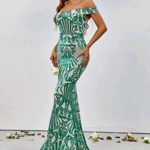 Green Party Baroque Sequined off shoulder,  Mermaid Maxi Gown